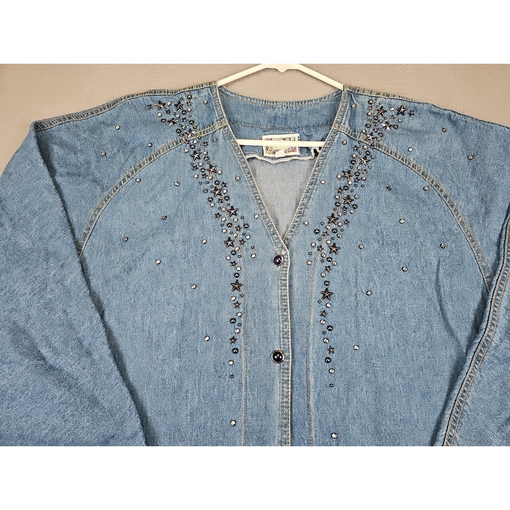 Vintage MONIQUE Fashions Denim Shirt Sz 2X Blue Raglan Sleeve Stars Embellished - Picture 2 of 9
